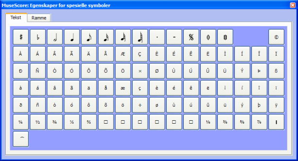 F2 Viser dialogen for spesielle symboler. Den kan brukes for å sette inn spesialtegn og symboler.