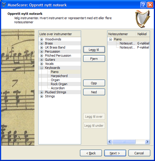 Instrumentvinduet er delt inn i to kolonner. Kolonnen til venstre er en liste med instrumenter eller stemmer som du kan velge fra.