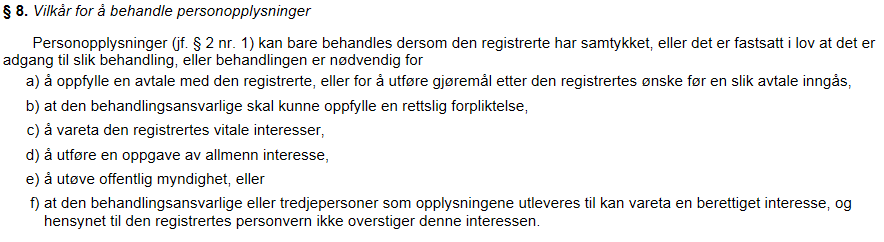 Vilkår for å behandle opplysningar