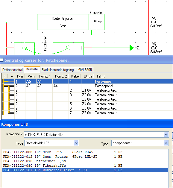Konverter Fiber CU er tenkt satt inn i Vernkolonnen for forsyningskursen i kurslisten, i dette tilfellet komponent A5.