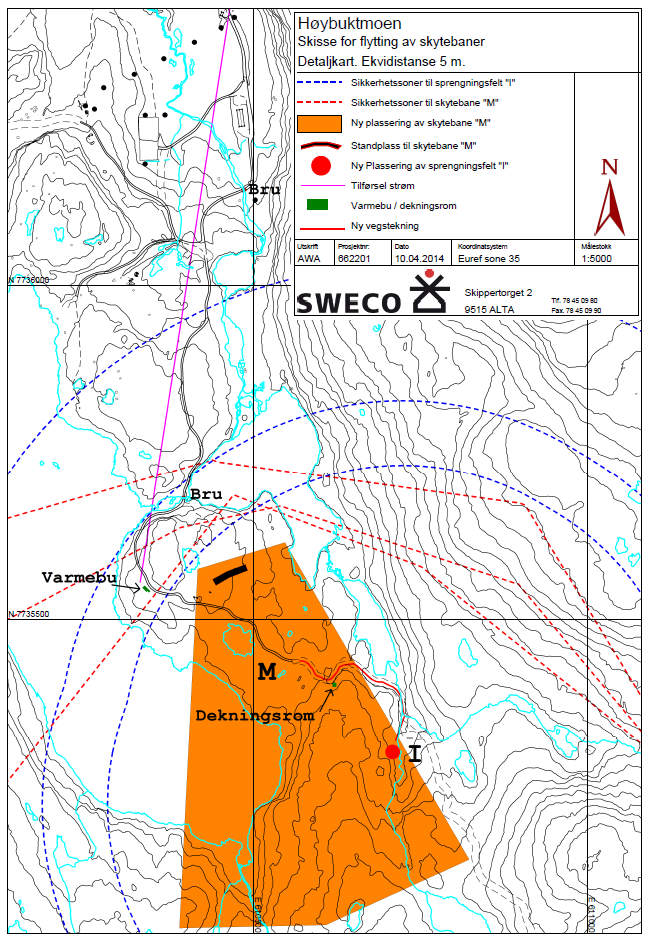 Figur 1. Oversiktskart som viser skytebanen plassering og influensområdet (M, merket oransje).