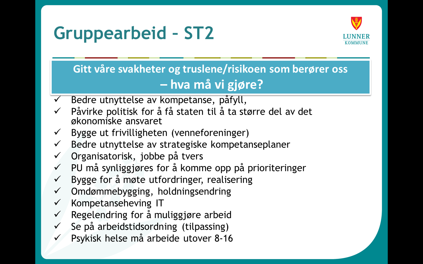 Oppgaven avslutningsvis denne dagen var å på bakgrunn av alt en har sett, hørt og diskutert, ha en idémyldring.