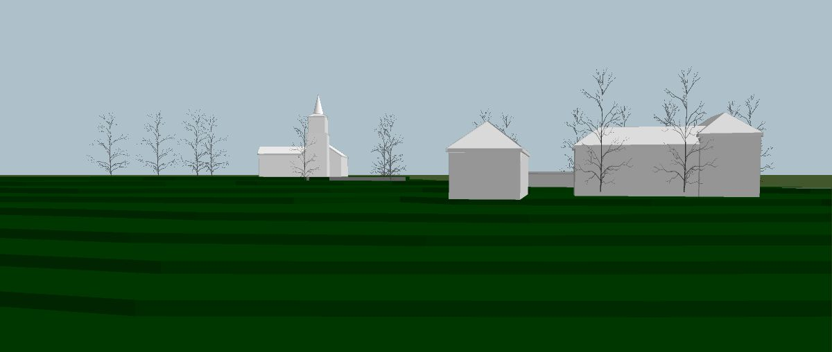 Illustrasjonsperspektiv fra øst med Hurum kirke Illustrasjonsperspektiv fra vest med Hurum kirke