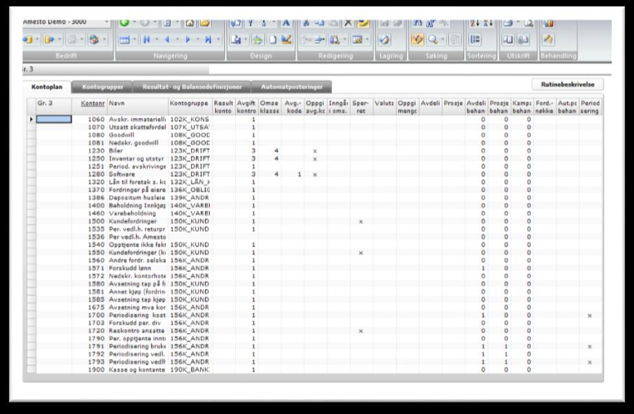 Så skal disse knyttes mot en eller flere kontoer: 9. Velg Administrasjon Regnskap Hovedbok Du får da fram hovedbokskontoer 10. Stå i kolonnen Kontonr 11.