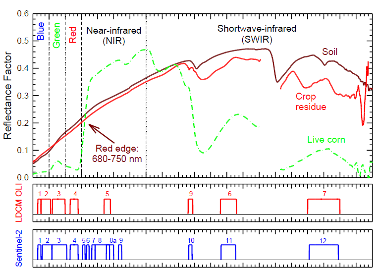 Figur 9. Reflektanskurver for grønn og frisk vegetasjon, avlingsrester og bar jord mot kanalene i hhv. Landsat-8 OLI og Sentinel-2 MSI (G. Serbin et al., poster http://calval.cr.usgs.