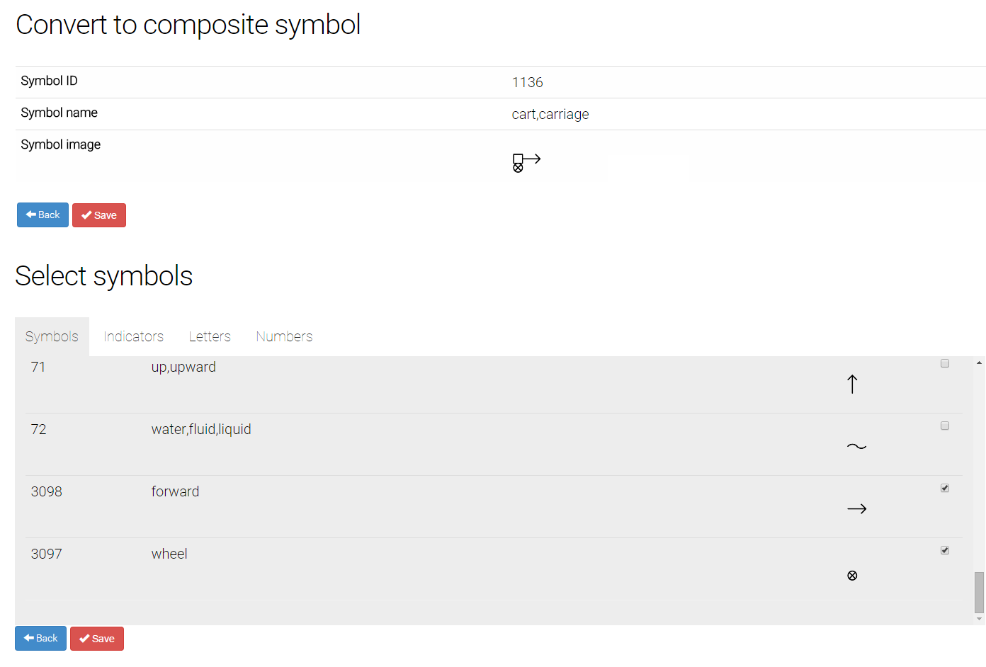 Figur: bbweb.2.4 Her ser vi ID'en til symbolet i «Raw Symbols» tabellen, navnet på symbolet og bildet. Listen under brukes til å finne de symbolene som er «byggeklosser» i «Cart, carriage».