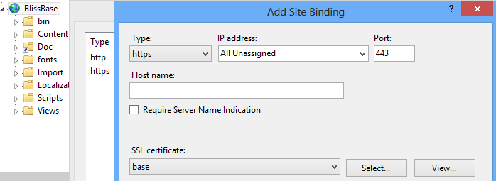 Nå må du be siden «BlissBase» bruke sertifikatet. I IIS Manager høyreklikk på BlissBase i menyen til venstre og velg «edit bindings». Velg «add» og fyll ut.