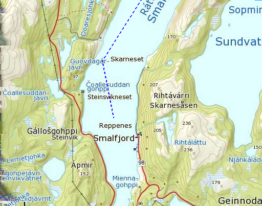 Biled inn mot Torhop markert med blå stiplet linje. Biled inn Smalfjord markert med blå stiplet linje.