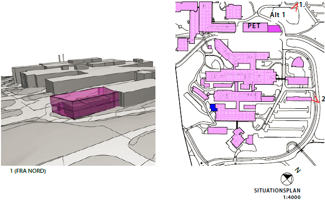 mot nord enn det som prosjekteringen av PET-senteret viser. Det vil også medføre noe større terrenginngrep mot nord og vest.