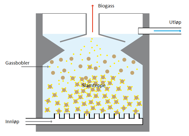 ifølge Tilley et al. (2014)), men dette kan man påvirke ved å ha klart slamsubstrat som kan sendes med og blandes i reaktoren. Figur 4.2: Prinsippskisse av UASB-reaktor (Tilley et al. 2014 s. 122).