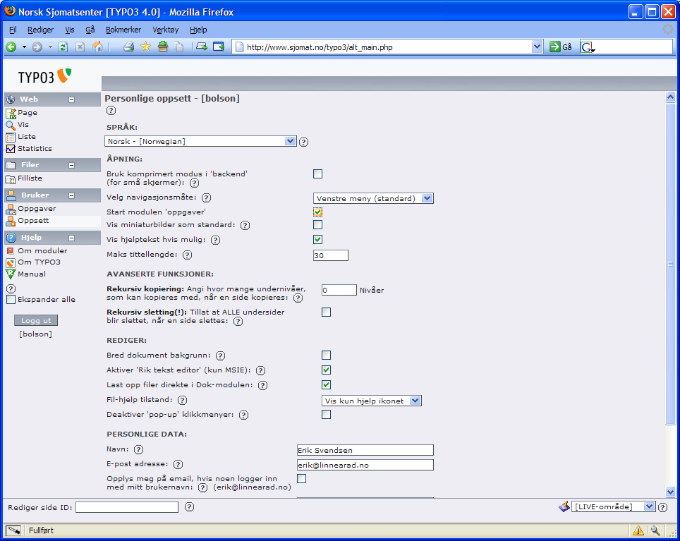 TYPO3 Bruke handlinger