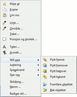 Formatere linjer og rammer Figur 37: Eksempel på ein oppsrettmeny I LibreOffice betyr linje både eit frittståande segment (linje), utsida av ei form (ramme) og ei pil.