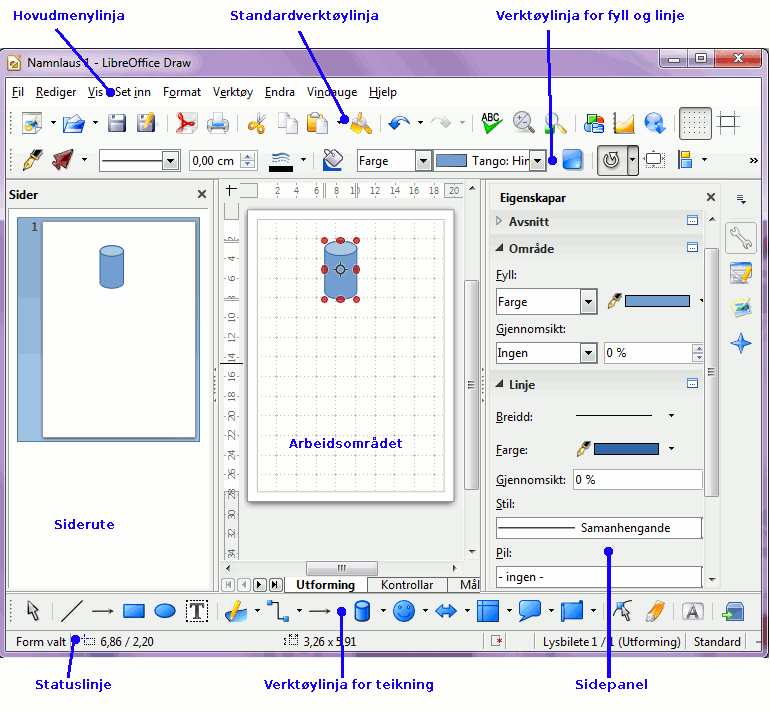 Figur 1: Hovudvindauget i LibreOffice Draw Sideruta Du kan dele teikningane dine over fleire sider. Fleirsidige teikninga blir som oftast brukte i presentasjonar.