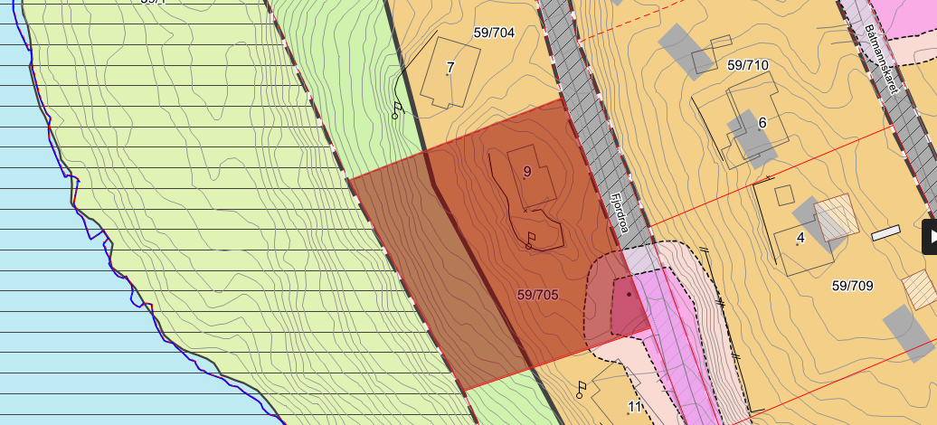 Kartutsnitt for gnr 59 bnr 705, med 100meters-beltet: Bakgrunn for saken: Plangrunnlag: Eiendommen er uregulert og det er kommuneplanens bestemmelser som gjelder.