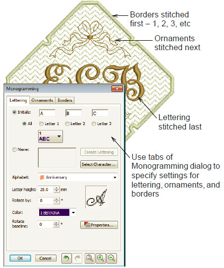 Lage et monogram-broderi BERNINA Broderi Software gjør det å lage et monogram-design veldig enkelt med alt-i-et verktøyet Monogramming tool som du finner under Lettering tool.