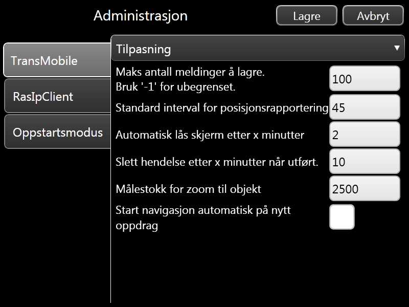 TransMobile Tilpasning Lagring av meldinger Posisjonsrapportering Automatisk