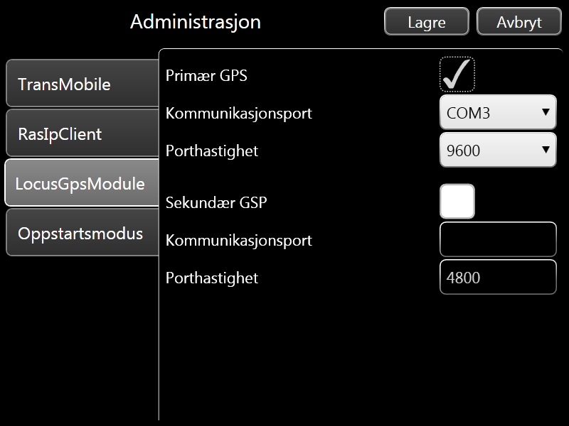 GPS innstillinger LocusGpsModule COM-port Standard Sunit & Toughbook: COM 3