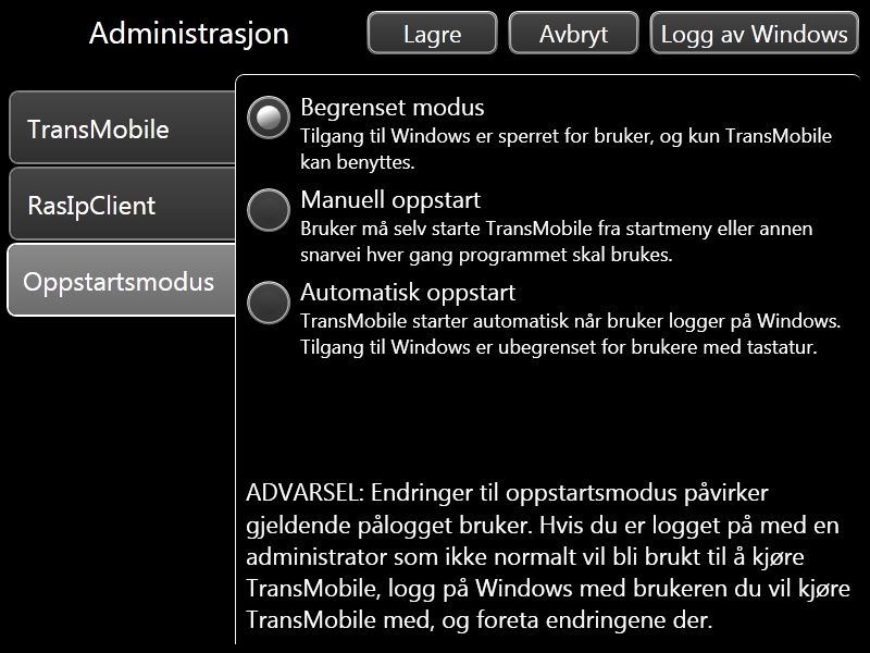 Oppstartsmodus Begrenset Manuell Automatisk