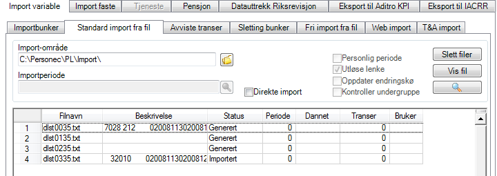 Kontering Det foretas ingen kontering av transaksjonene ved import. Standard import fra fil Import av DLST-filer foregår i fanen Standard import fra fil.