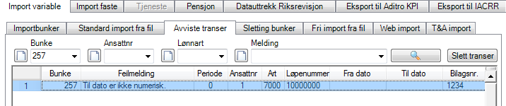 Avviste transer Dersom du ved import av fil får avviste transaksjoner vises en gul varseltrekant i bildet. Ved å dobbelklikke på denne, vises de Avviste transer for denne bunken.