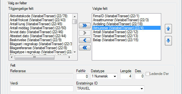 Eksempelvis at eksternt system har et annet lønnsartsnummer. Her har systemet erstatnings ID TRAVEL.