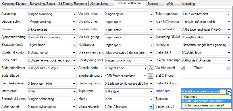 Dette kan settes fast på Lønns- og Trekkarten i feltet Import Ind som du finner under fanen Diverse indikatorer Type medium med egne regler I feltet Type medium har du følgende valg: Import Proffice