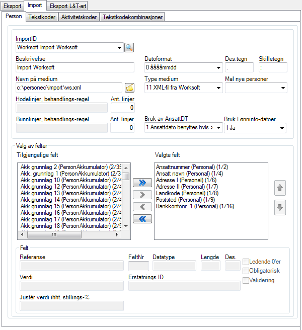 PLImportEngine Medietype 11 XML-fil fra Worksoft I feltet Referanse legges det inn hvert felt sin tag i xml-fila. Se egen dokumentasjon: Beskrivelse av Person Lønn, Servicekomponenter.