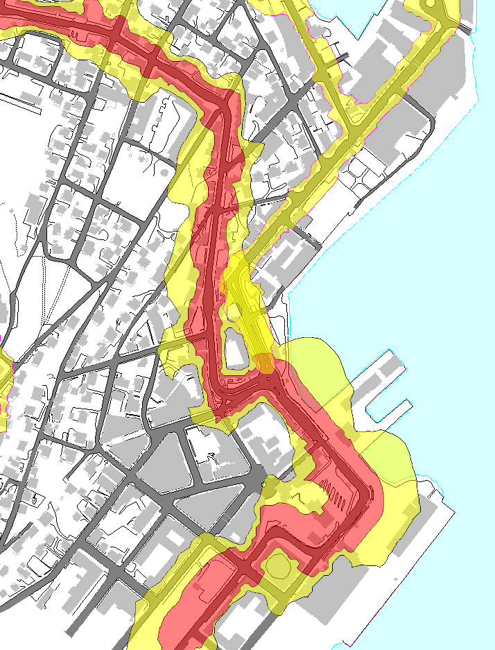 Siden bebyggelsen og støykilder ligger tett i sentrum, må det være en viss fleksibilitet i hvor støyfølsom bebyggelse skal kunne etableres.