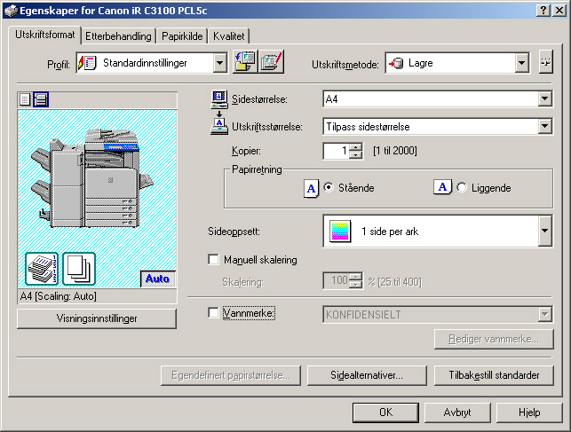 ANDRE UTSKRIFTSINNSTILLINGER VALG AV PAPIRSTØRRELSE, STÅENDE/LIGGENDE FORMAT OG ANTALL KOPIER - UTFØRES FRA PC Klikk på fanen