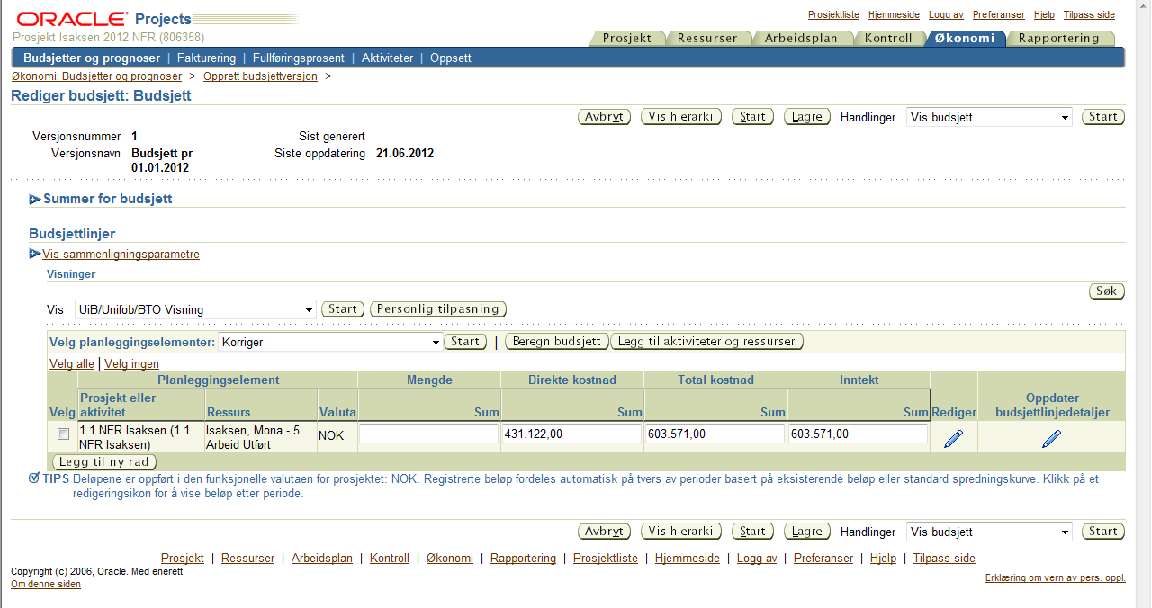 Budsjettering på art Fyll ut: Prosjekt eller aktivitet: Ressurs: Skriv inn navnet på den aktiviteten du skal budsjettere på. Klikk på lommelykten for å få opp alternativene for dette prosjektet.