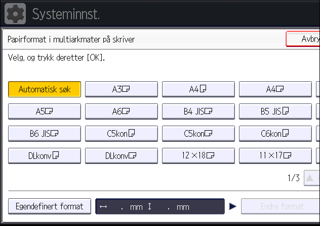 Legge papir i multiarkmateren Angi papirformat ved hjelp av kontrollpanelet 1. Trykk på [Brukerverktøy/telleverk]-tasten. CJS039 2. Trykk på [Papirmag.-innst.]. 3. Trykk på [Papirformat i multiarkm.