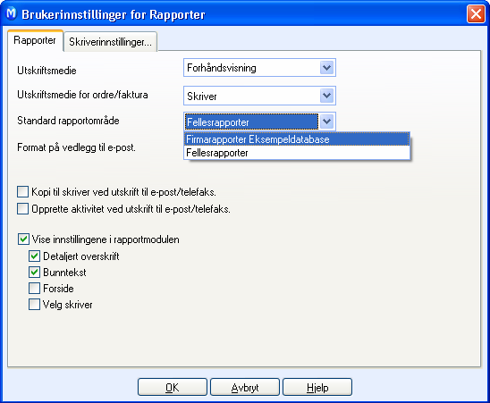 UTSKRIFT AV LØNNS- OG TREKKOPPGAVER SLIK ENDRER DU STANDARD RAPPORTOMRÅDE TIL FIRMARAPPORTER: 1. Velg Vis og klikk Innstillinger. 2. Klikk Brukerprofil. 3. Velg fanekortet Innstillinger per modul.