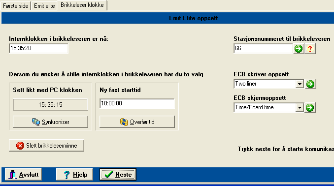 Normalt sett skal du her bare trykke «Neste». Merk at du kan velge om det er brikkens tid eller brikkeleserens tid som skal benyttes.