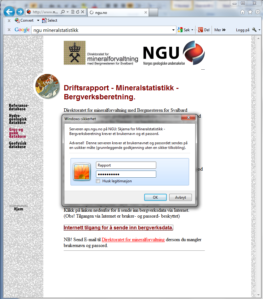 INNLOGGING Ved elektronisk innsendelse av rapport benyttes nettadressen: http://www.ngu.no/mineralstatistikk, Skjermbilde som er vist i figur 1 kommer da frem.