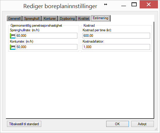 Estimering Når det genereres en boreplan, så kan faktorer som borsynk og timepris legges til for å få en estimert kostnad for jobben som skal utføres.