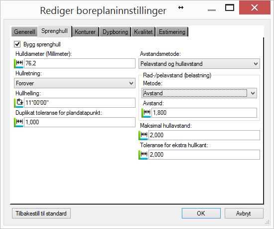 Hulldiameter gjelder diameteren på borekrona for sprenghull Hullretning angir skyteretningen på sprenghullene.