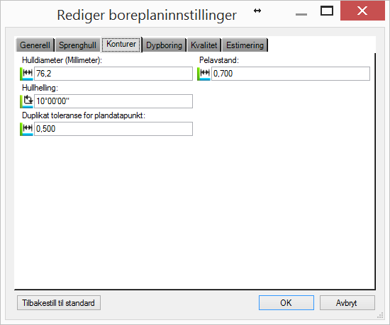 Innstillinger for Kontur/Søm/Splitthull Kontur vil alltid rette seg mot senterlinja og følge radius på denne. Hulldiameter angir diameter på krona som i sprenghull.