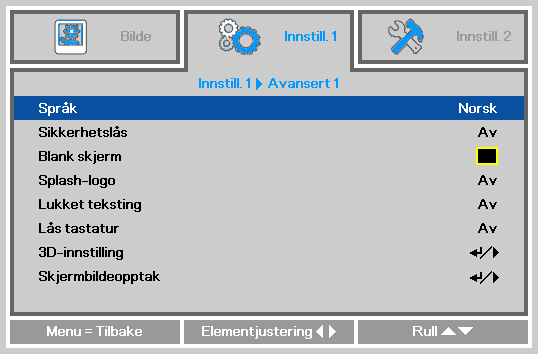 Stille inn OSD-språket Still inn OSD-språket du vil bruke før du fortsetter. Brukerhåndbok for IN5312a/IN5316HDa 1. Trykk på MENU-knappen. Trykk på pilknappene for å navigere til Innstill. 1. Trykk på pilknappene for å gå til Avansert 1-menyen.