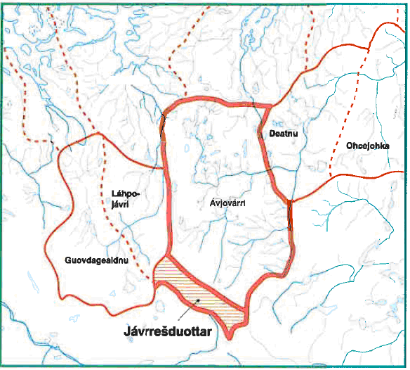 Figur 7: Fangstsiidaer i indre Finnmark med Avjovárri sentralt og det felles villreinjaktområdet Jávrrešduottar som ble utnyttet sammen med Guovdageaidnu og Láhpojávri (Solbakk 2000).