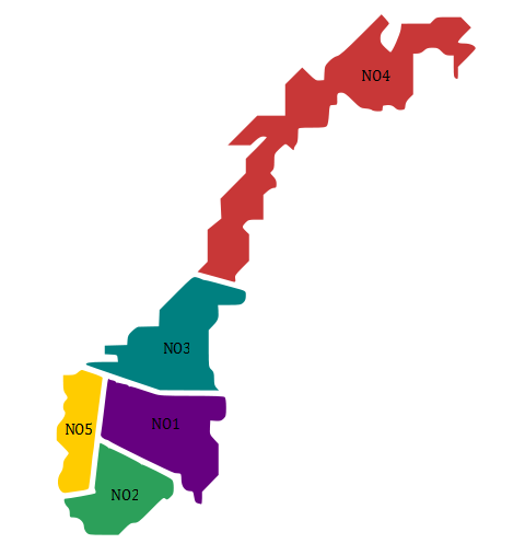 Figur 1: Elspotområder i Norge, [6]. Innen elspot handles det fysiske timeskontrakter for det kommende døgnet.