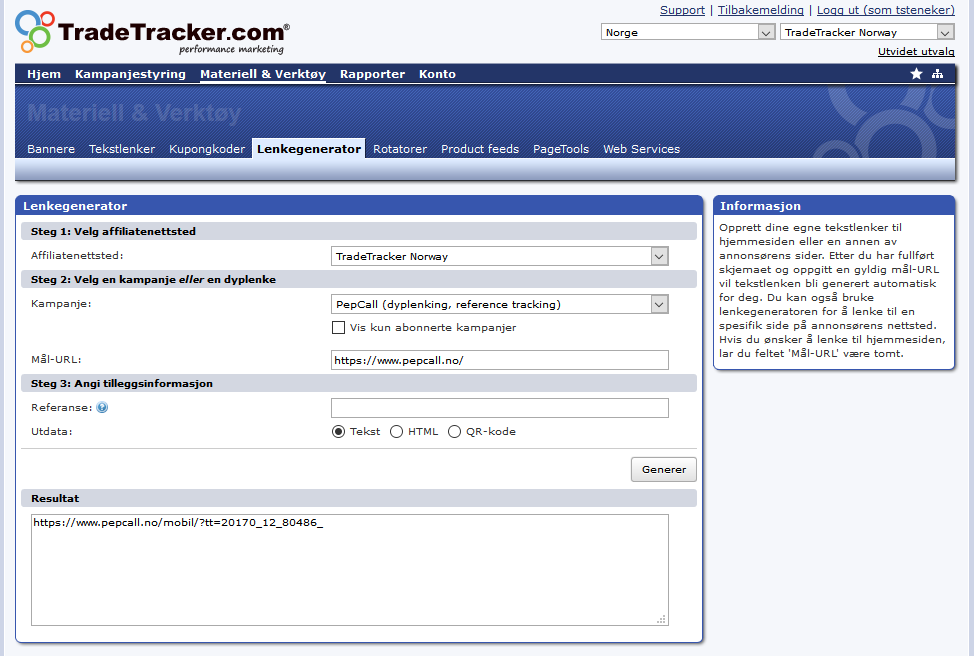 Lenkegenerator: Hvis du vil hente ut en dyplenke/affiliatelenke som ikke er avhengig av ferdigdefinerte tekstlenker, så gjør du det via siden «Lenkegenerator».