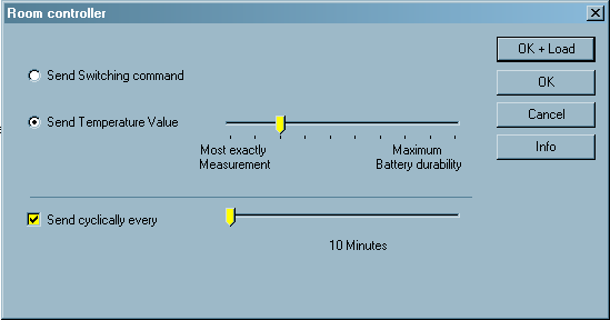146 Moeller RF-System - Help Bekreft så med OK. Resultat: Hvis justeringsrattet er satt til null temperaturen er 25 C, sender romtermostaten kommandoen 'over' til sjalteaktuatoren.