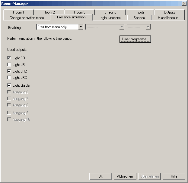 76 Moeller RF-System - Help Slik ser konfigurasjonsvinduet ut: Merk deg at for å simulere tilstedeværelse bruker du kun utganger som ikke allerede er benyttet som en startverdi for et scenario eller