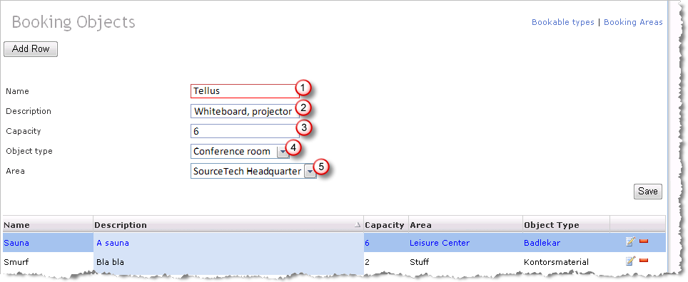 Bookingsobjekt Ett bookingsobjekt er objekt som inngår i bookingstypen, f eks kan konferanserommet Store salen og Lille salen være to objekt i bookingstypen konferanserom. 1. Navn på objektet 2.
