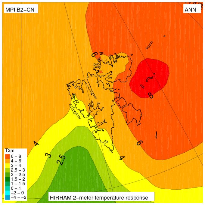 Figur 2: Temperaturendringer fra 1961-90 til 2071-2100, årlig Modelleringer av årlige