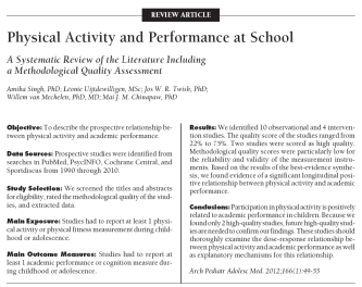 Vil meir auka fysisk aktivitet i skulen A) føre til betre skuleprestasjonar? B) gå utover prestasjonen i dei tradisjonelle faga? 16 oppsummeringsartiklar (review) 1. Howie EK, Pate RP. (2012).