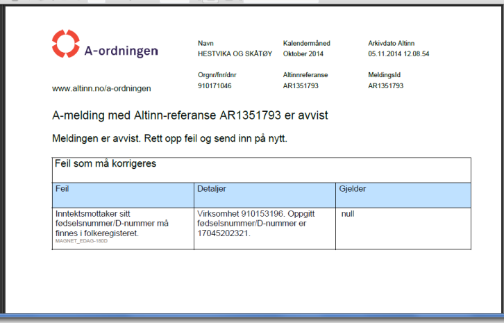 6.4 A-meldingen er avvist Den alvorligste feilen du kan få er at a- meldingen er avvist. En melding som er avvist, vil ikke bli registrert som mottatt.