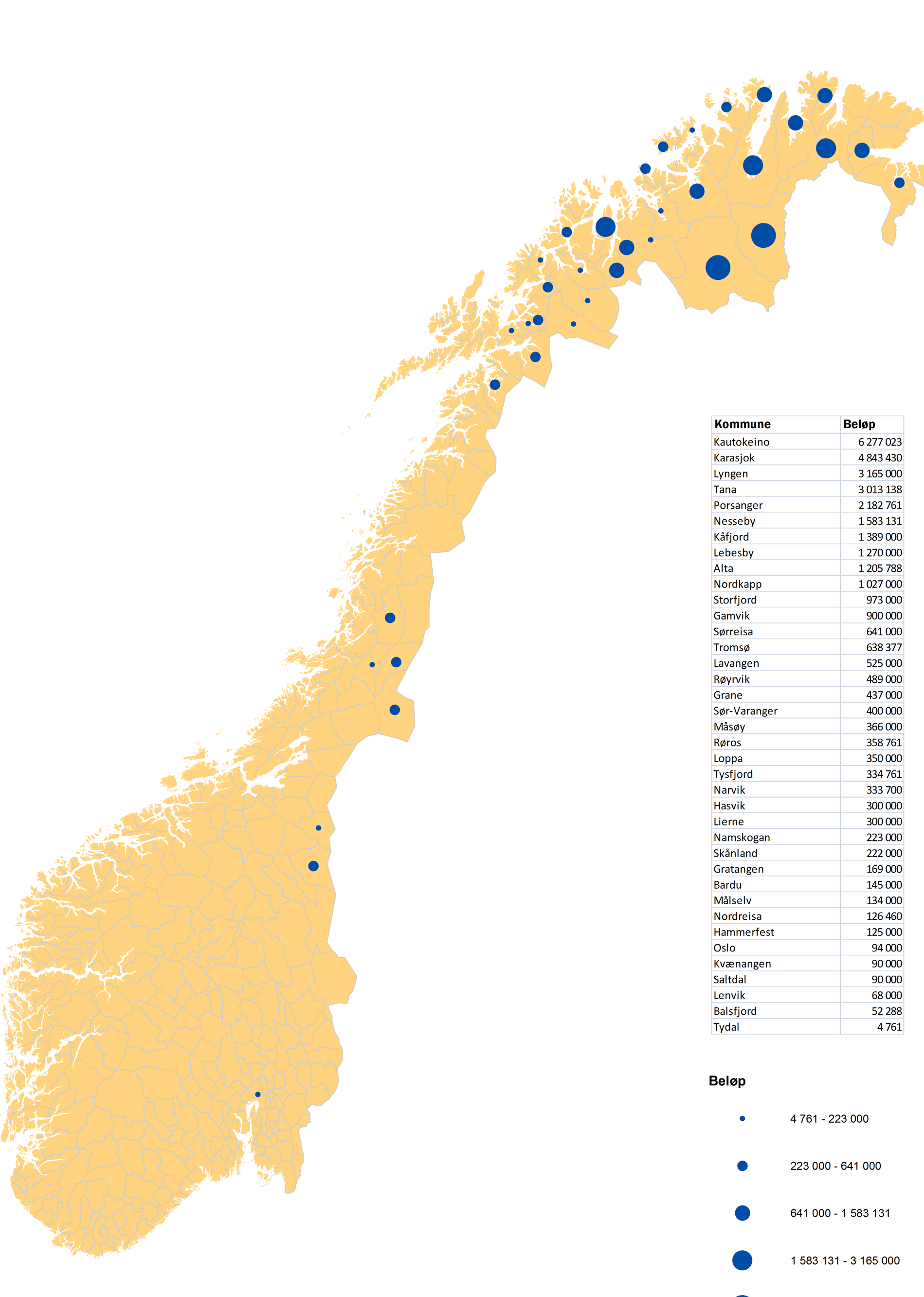 Kartet under viser fordelingen kommunevis av de innvilgede