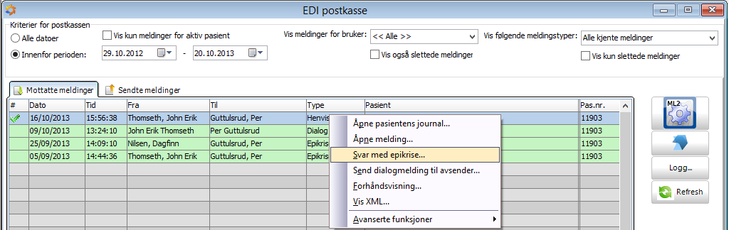 Man kan høyreklikke på meldingene i inn og utboksen for å utføre forskjellige operasjoner, her høyreklikkes det på en innkommende dialogmelding: Her høyreklikkes det på en innkommende henvisning: Om