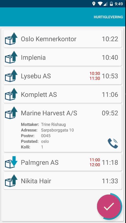 Figur 42 Pakkecardet som viser detaljert informasjon om en Task Ved klikk på en oppgave i listen, åpnes et detaljvindu med utvidet info om denne oppgaven.